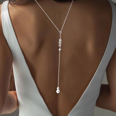 Pearls Back Chain Necklace Bridal Wedding Backdrop Body Jewelry for Women Summer Body Chain Necklace Shoulder Back Chain (Gold 2) in Saudi Arabia