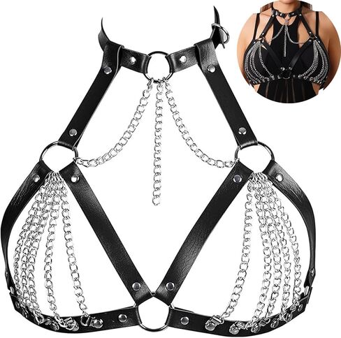 Gothic Bra Fashion Harness,Punk Leather Harness Strap for Ladies Body Chain Chest Chain Chest Straps Layered Chest Chain Bra Cagestyle Shoulder Strap,Adjustable Jewelry Accessory in Saudi Arabia