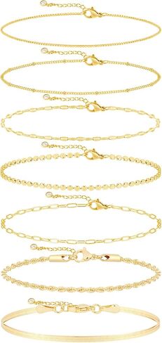 Gold Bracelets Set for Women, 14K Real Gold Plated/Silver Dainty Link Chain Bracelets Ring Hand Chain Charm Stackable Cuban Link Paperclip Bracelet Non Tarnish Jewelry Accessories Gifts in Kuwait