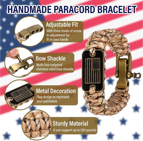 Tondiamo 10 Sets Patriotic Paracord Bracelet with Bronze USA Flag with Memorial Day Card Bulk Organza Bags Adjustable Sizes Tactical Survival Bracelet for Veterans Day Military Appreciation Gifts in Saudi Arabia