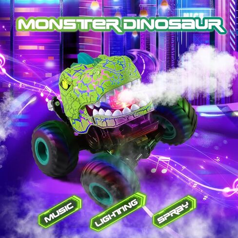 Remote Control Car, 2.4Ghz All Terrain Dinosaur Monster Truck Toys, RC Truck with Spay, Music, 3 Lighting Effects, Stunt Capable, Toy Gifts for Boys and Girls (Yellow) in Kuwait