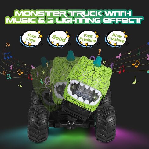 Remote Control Car, 2.4Ghz All Terrain Dinosaur Monster Truck Toys, RC Truck with Spay, Music, 3 Lighting Effects, Stunt Capable, Toy Gifts for Boys and Girls (Yellow) in Kuwait