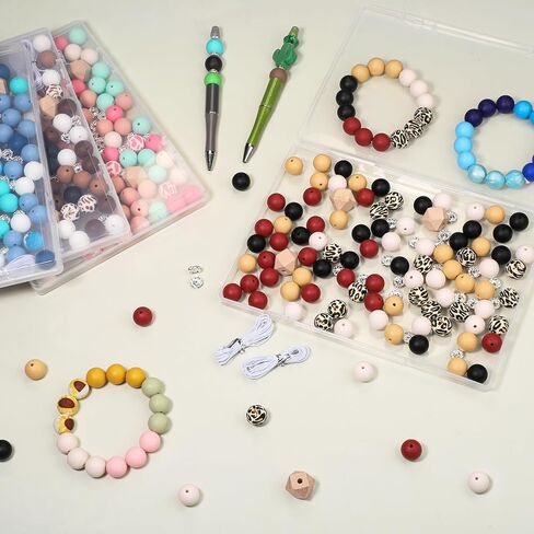 48Pcs Silicone Beads for Bracelets with 2Pcs Wooden Beads and Elastic Strings,15mm Silicone Beads Bulk Petal Bracelet Making Kit Focal Beads for Pens Silicone Beads for Keychain Making Kit in Kuwait