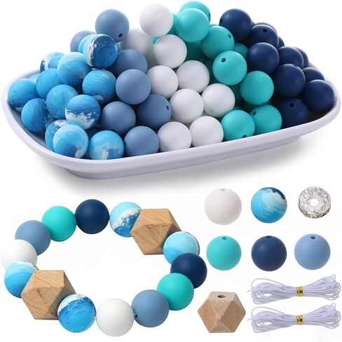 48Pcs Silicone Beads for Bracelets with 2Pcs Wooden Beads and Elastic Strings,15mm Silicone Beads Bulk Petal Bracelet Making Kit Focal Beads for Pens Silicone Beads for Keychain Making Kit in Kuwait