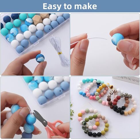 48Pcs Silicone Beads for Bracelets with 2Pcs Wooden Beads and Elastic Strings,15mm Silicone Beads Bulk Petal Bracelet Making Kit Focal Beads for Pens Silicone Beads for Keychain Making Kit in Kuwait