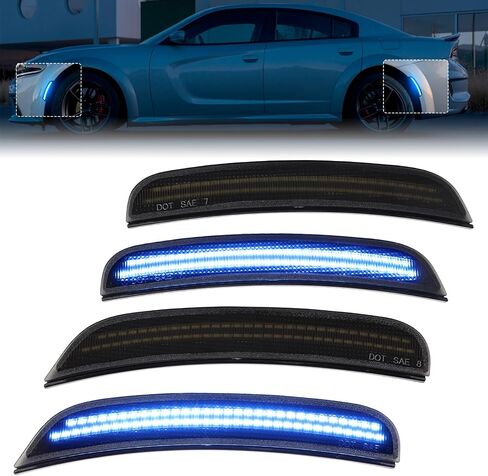 Dynamic Blue LED Side Marker Lights for Dodge Charger 2015 2016 2017 2018 2019 2020 2021 2022 2023 2024 Front Rear Bumper Sequential Signal Lamps, 4PCS Smoked Lens in Kuwait