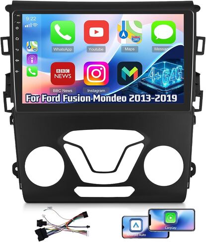 [2+64G] راديو سيارة لسيارة Ford Fusion Mondeo 2013-2019 مع Carplay اللاسلكي وAndroid Auto - شاشة لمس 9 بوصة ستيريو Android للسيارة - DSP/واجهة مستخدم متعددة/WiFi/GPS Navi/SWC + كاميرا احتياطية AHD in Saudi Arabia
