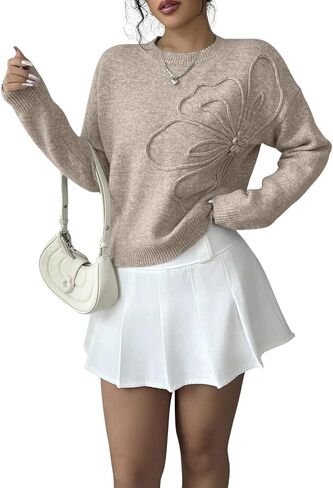 Verdusa Women's Spring 3D Flower Appliques Crewneck Sweaters Long Sleeve Drop Shoulder Pullovers Knit Going Out Tops in Kuwait