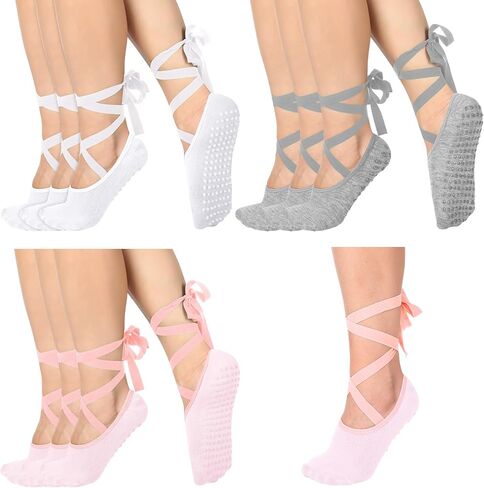 Jeyiour 9 Pack Ballet Tie Socks for Women with Grips Pilates Yoga Non-slip Socks for Dancing Barre Ballet Yoga Pilates Barefoot Workout in Saudi Arabia