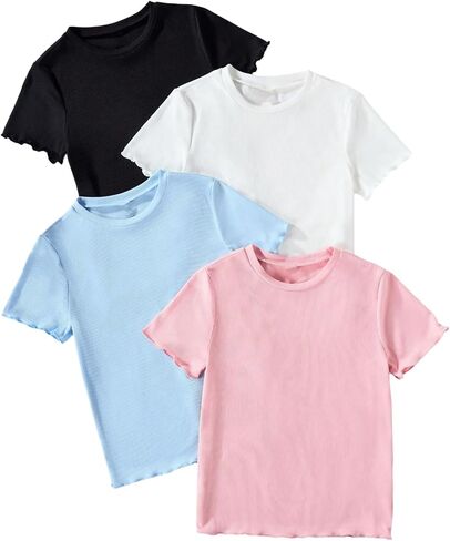 SweatyRocks Girl's 4 Pack Lettuce Trim T Shirt Ribbed Knit Short Sleeve Crew Neck Solid Tee Tops in Saudi Arabia