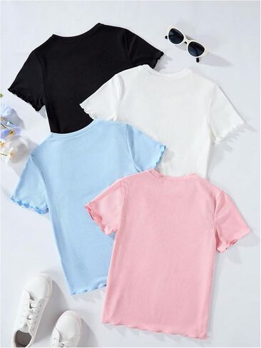 SweatyRocks Girl's 4 Pack Lettuce Trim T Shirt Ribbed Knit Short Sleeve Crew Neck Solid Tee Tops in Saudi Arabia