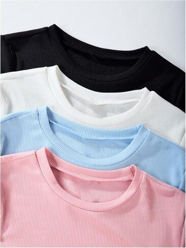 SweatyRocks Girl's 4 Pack Lettuce Trim T Shirt Ribbed Knit Short Sleeve Crew Neck Solid Tee Tops in Saudi Arabia
