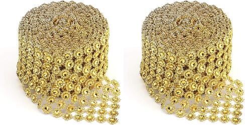 Foraineam 10 Yards / 30 Feet Golden Diamond Ribbon Wrap Faux Rhinestone Crystal Ribbon Flower Shape Mesh Wrap Roll for Event Party Wedding Decoration in Kuwait