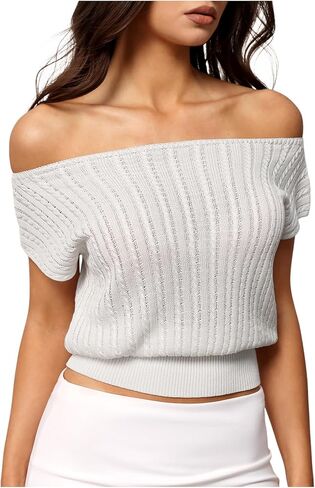 Milumia Women's Textured Off Shoulder Short Sleeve Sweater Knit Tops in Kuwait