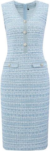 Women's Sleeveless Tweed Dress 2025 Summer Office Work V Neck Bodycon Pencil Dresses in Saudi Arabia