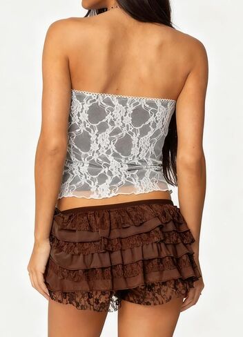 Women Ruffle Lace Shorts Bloomers Summer Casual Layered Tiered Pleated Slim Fit Floral Lace Trim Shorts in Saudi Arabia