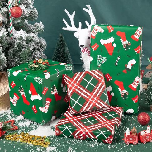 Vnaaem Reversible Christmas Wrapping Paper - Mini Roll - 17 Inches X 33 Feet - for Boys Girls Kids - Red Christmas Santa Unicorn Pattern Great for Holiday Birthday, Party, Baby Shower in Kuwait