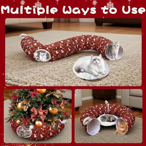 LUCKITTY Cat Tunnel Bed in Christmas Style with Star, Crutches Candy, and Snowflakes Patterns - 3FT x 3FT x 9.8 INCH Size Green Decorative for Festive Felines in Kuwait