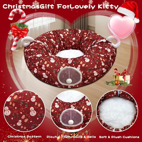 LUCKITTY Cat Tunnel Bed in Christmas Style with Star, Crutches Candy, and Snowflakes Patterns - 3FT x 3FT x 9.8 INCH Size Green Decorative for Festive Felines in Kuwait