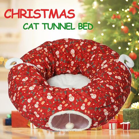 LUCKITTY Cat Tunnel Bed in Christmas Style with Star, Crutches Candy, and Snowflakes Patterns - 3FT x 3FT x 9.8 INCH Size Green Decorative for Festive Felines in Kuwait