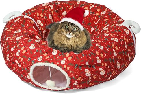 LUCKITTY Cat Tunnel Bed in Christmas Style with Star, Crutches Candy, and Snowflakes Patterns - 3FT x 3FT x 9.8 INCH Size Green Decorative for Festive Felines in Kuwait