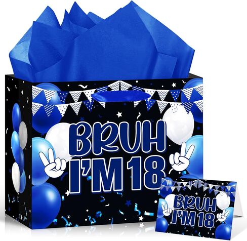 Blue Black 10th Birthday Gift Bag for Boys 10 Years Old Birthday Gift Wrapping Bag with Greeting Card and Tissue Paper Out Single Digits I'm 10 Birthday Party Favors Decor Gifts Wrap Bags Supplies in Kuwait