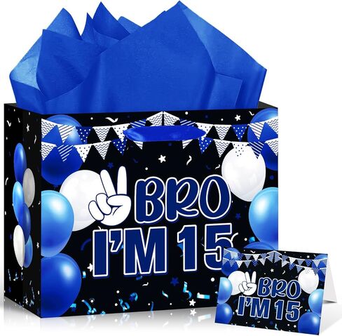 Blue Black 10th Birthday Gift Bag for Boys 10 Years Old Birthday Gift Wrapping Bag with Greeting Card and Tissue Paper Out Single Digits I'm 10 Birthday Party Favors Decor Gifts Wrap Bags Supplies in Kuwait