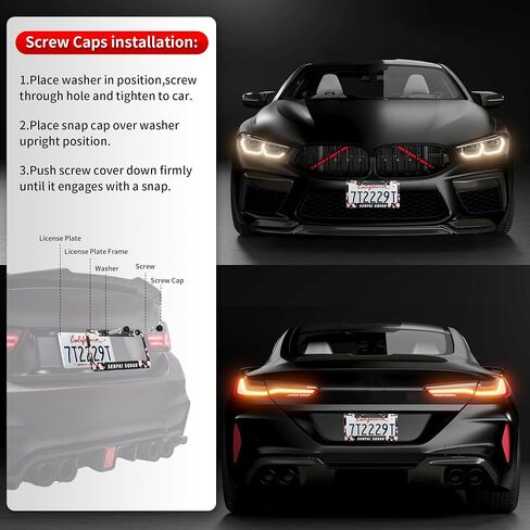 2PCS Stainless Steel License Plate Frames, 2 Holes Car Licence Plate Covers with Screws Washers and Caps, Car Exterior Accessories, License Plate Holder for US Vehicles Black in Saudi Arabia