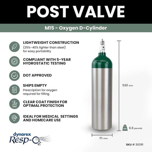 Dynarex Resp-O2 M15 Oxygen D-Cylinder with CGA 870 Toggle Valve – 2.9L Jumbo Size Oxygen Cylinder - Lightweight Aluminum Portable Tank with 425L Oxygen Capacity in Kuwait