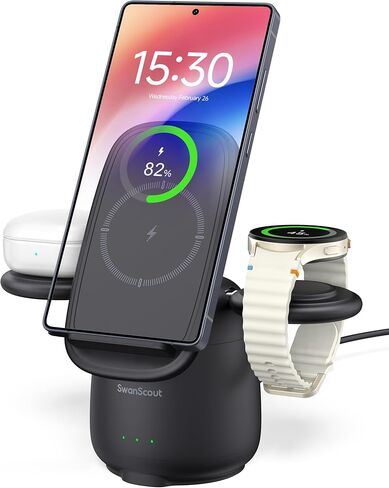 شاحن لاسلكي لهاتف سامسونج، قاعدة شحن 3 في 1 لهاتف Samsung S24/S23/S22/Z Flip/Fold، شاحن ساعة لساعة Galaxy Watch 7/Ultra/6/5، Galaxy Buds 3/Pro، SwanScout 707S (بدون محول) in Saudi Arabia