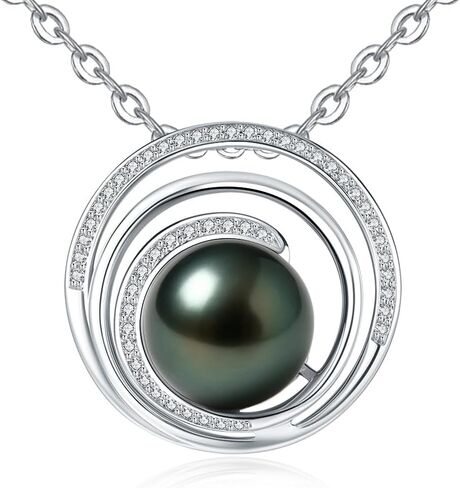 Tahitian Black Pearl Necklace, 10-11mm AAA Handpicked Natural Black Pearl Pendant with D Color Moissanite & 18K White Gold Plated Sterling Silver Chain, Luxury Gifts for Women, Mother, Girlfriend, Anniversary, Birthday, Valentines, Mothers Day in Saudi Arabia