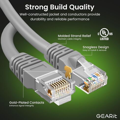 كابل توصيل Ethernet RJ45 Cat 6 من GearIT (حزمة من 5) للتلفزيون، والمودم، وألعاب الكمبيوتر، بسرعة 10 جيجابت في الثانية، وموصلات مطلية بالذهب، بدون مشبك، وكابل الشبكة، وكابل الإنترنت، 3 أقدام، أبيض in Saudi Arabia