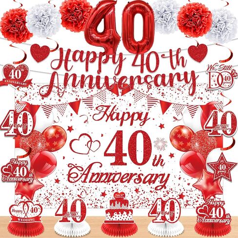 40th Wedding Anniversary Decorations Black Gold Happy 40th Anniversary Banner Backdrop Table Honeycomb Centerpiece Hanging Swirls Pom Poms for Men Women 40th Wedding Anniversary Party Decor Supplies in Kuwait