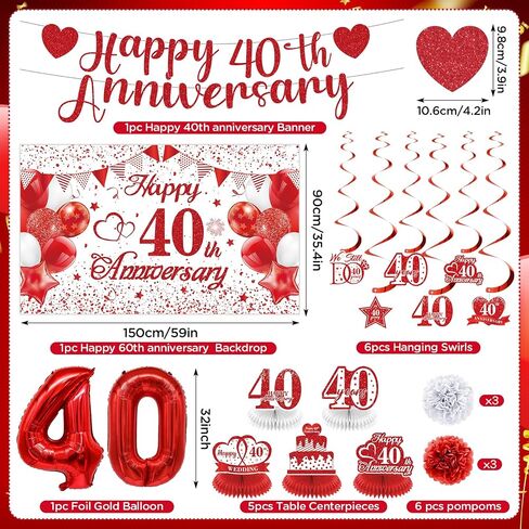 40th Wedding Anniversary Decorations Black Gold Happy 40th Anniversary Banner Backdrop Table Honeycomb Centerpiece Hanging Swirls Pom Poms for Men Women 40th Wedding Anniversary Party Decor Supplies in Kuwait