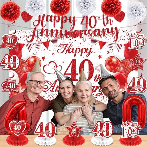 40th Wedding Anniversary Decorations Black Gold Happy 40th Anniversary Banner Backdrop Table Honeycomb Centerpiece Hanging Swirls Pom Poms for Men Women 40th Wedding Anniversary Party Decor Supplies in Kuwait