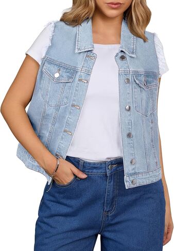 luvamia Denim Vest for Women Button Down Distressed Frayed Vests Top Western Casual Sleeveless Jean Jacket with Pockets in Saudi Arabia