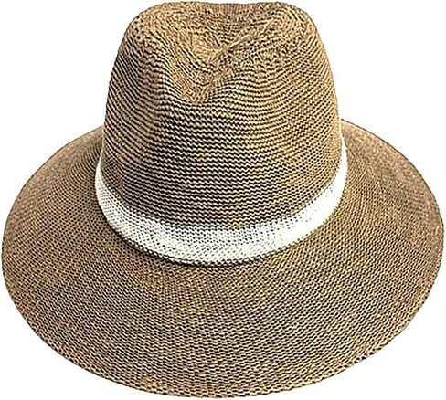 Women's White Stripe Adjustable Band One Size Fits Most Cotton Blend UV Protector Fedora Brim Sun Beach Hat, Taupe in Saudi Arabia