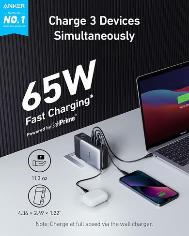 Anker GaNPrime Power Bank, 2-in-1 Portable Charger, 10,000mAh 30W USB-C Battery Pack with 65W Wall Charger, Works for iPhone 15/15 Plus/15 Pro/15 Pro Max/14/13, Samsung, Pixel, MacBook, Dell in Saudi Arabia