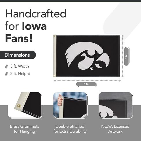 Iowa Hawkeyes 2 'X 3' College Sports Print Print - NCAA المرخص - نايلون - لافتة المدرسة (أسود ، ذهبي) in Kuwait