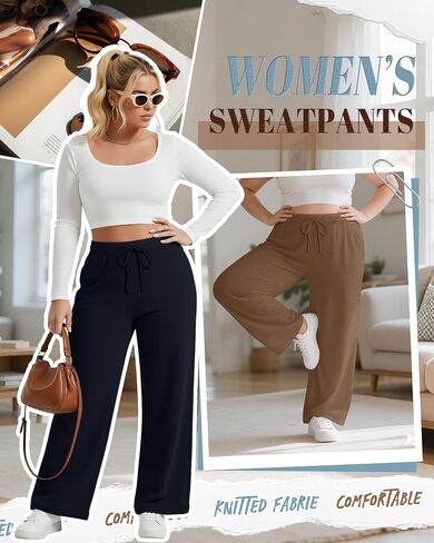 Neer 3 Pack Women's Plus Size Wide Leg ، سراويل صالة مرنة مع الجيوب الرباطية غير الرسمية PJ اليوغا. in Saudi Arabia