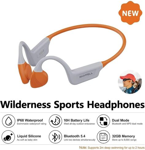سماعات توصيل العظام البرية 5 ، سماعات سماعات سباحة IP68 مقاومة للماء ذاكرة MP3 MP3 32G ، Bluetooth 5.4 ، مادة السيليكون السائل للركض ، المشي لمسافات طويلة واكتشاف البرية in Kuwait