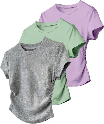 Girl's 3 Packs Short Sleeve Ruched T Shirt Crewneck Slim Fit Basic Tee Tops Summer Clothes in Saudi Arabia