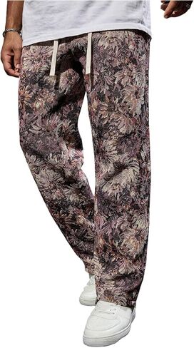 Men's Floral Pants Vintage Boho Pant Hippie Drawstring Waist Vacation Straight Leg Trousers with Pockets Streetwear in Saudi Arabia