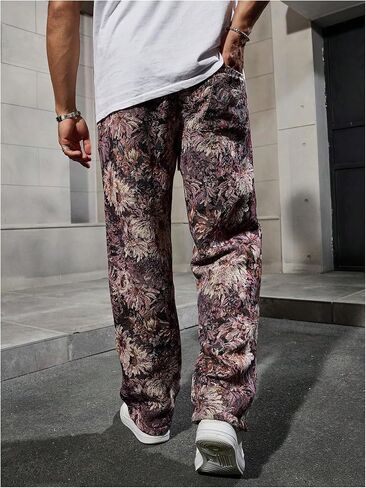 Men's Floral Pants Vintage Boho Pant Hippie Drawstring Waist Vacation Straight Leg Trousers with Pockets Streetwear in Saudi Arabia