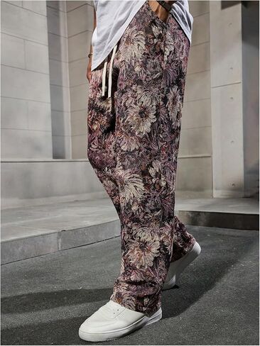 Men's Floral Pants Vintage Boho Pant Hippie Drawstring Waist Vacation Straight Leg Trousers with Pockets Streetwear in Saudi Arabia