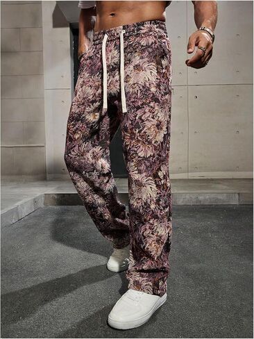 Men's Floral Pants Vintage Boho Pant Hippie Drawstring Waist Vacation Straight Leg Trousers with Pockets Streetwear in Saudi Arabia