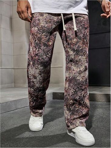 Men's Floral Pants Vintage Boho Pant Hippie Drawstring Waist Vacation Straight Leg Trousers with Pockets Streetwear in Saudi Arabia