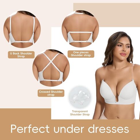 JOYSHAPER Plunge Bras for Women Backless Push Up Bras Low Cut Padded Bras Shaper Convertible with Clear Straps Dress Bra in Saudi Arabia
