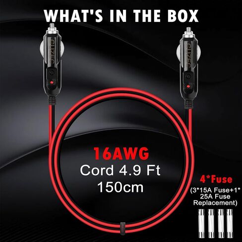 Cuzec Heavy-Duty 15a 4.9ft / 1.5m 16 AWG ذكر إلى سلك شاحن سجائر ولاعة من الذكور مع مؤشر LED وحماية الصمامات 15A على كلا المقابس (CU10140B) in Kuwait
