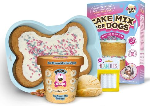 Puppy Cake Dog Birthday Cake Kit, All Natural Fluffy & Moist Dog Cake with Pupfetti Sprinkles, Maple Bacon Ice Cream, Blue Bone Silicone Pan and 24 Candles, Made in USA in Kuwait